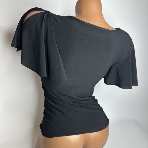 Y2K McBling Black Beaded Flutter Sleeve Top S Rhinestone Pendant Glam Baddie - Picture 2 of 12